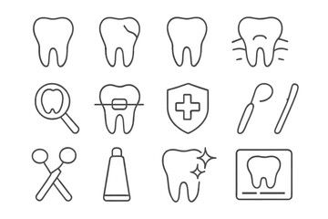 Dentistry medical line icons set. Tooth care, stomatology, orthodontics. Dental clinic concepts. Toothache, caries, braces, whitening, xray, implant, surgery vector.
