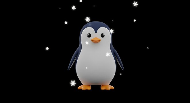 Penguin winter snow cute animal christmas holiday snowflake black background illustration 3d render art 3d cartoon