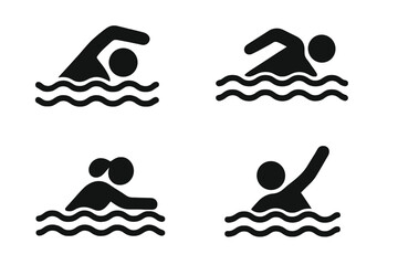 Swimming person vector icon set. Swimmer in water, sea, or pool symbol collection. Summer holiday leisure activity, sport, and exercise pictograms. Man drowning and needs help.