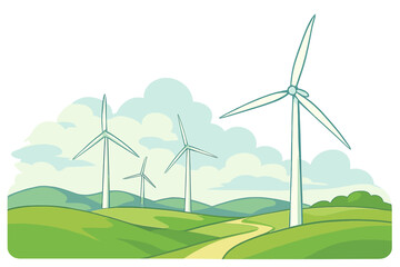 Wind turbines farm landscape vector illustration. Renewable green energy concept. Sustainable power production from wind. Eco friendly technology in nature countryside scene.