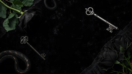 Elegant black roses, antique keys, and a coiled snake create a gothic and mysterious still life.