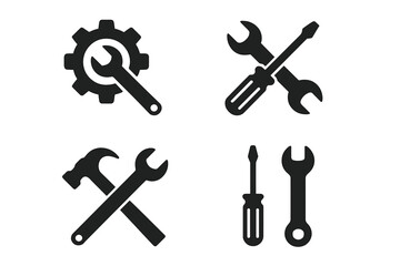 Tool icon vector set. Maintenance tools with wrench, gear, spanner, hammer and screwdriver. Symbol illustration for fix, repair and service concept. Technical support icons.