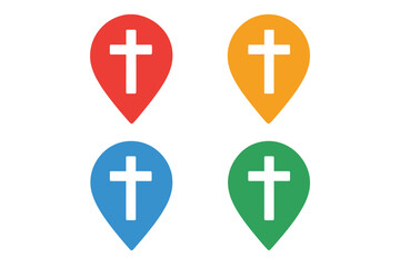 Obraz premium Colorful Christian cross map pins, religious location markers, faith and spirituality symbols, navigation icons, vector illustration, multi-color set for design and mapping