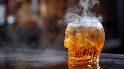Eerie Elixir A Skull-Shaped Glass Filled with Chilled Drink, Wisps of Vapor, and Dark Ambience.