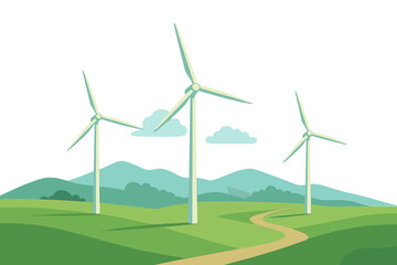 Wind turbines farm on green hills landscape. Renewable energy vector concept. Wind power generation. Sustainable technology for clean electricity production in nature.