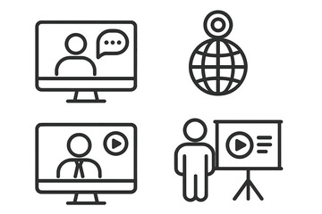 Webinar icon set. Web seminar and online event symbols. Webcast, business training, and e-learning concept. Vector line icons for video conference, online course, and presentation.