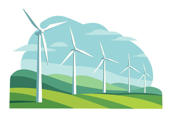 Wind turbines on green hills landscape. Vector for renewable, sustainable, and eco-friendly energy production. Clean power technology, future innovation concept. Isolated.