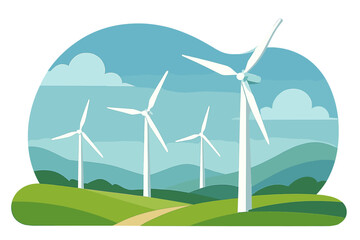 Wind turbines farm on green hills landscape. Vector illustration of renewable energy concept. Sustainable power generation from wind. Eco-friendly technology in nature for clean energy.