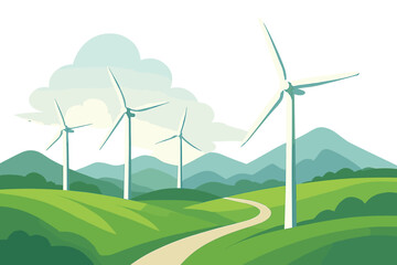 Wind turbines on green hills landscape. Vector illustration of a wind farm for renewable energy. Sustainable technology, clean power generation, and ecological conservation concept.