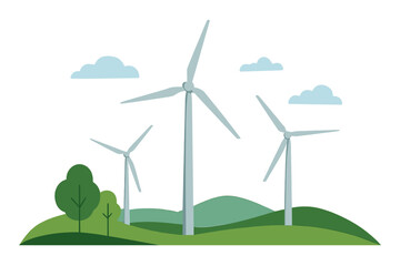 Wind turbines on a green hill landscape. Concept of renewable energy, sustainability, and clean power generation. Eco-friendly alternative electricity source vector illustration.