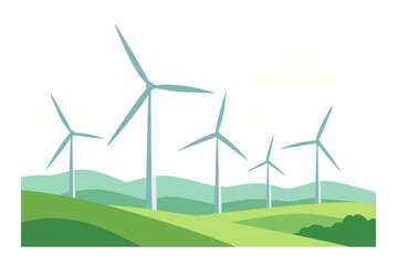 Wind turbines on green hills landscape. Vector illustration of a wind farm for renewable, sustainable energy. Clean power generation, ecology, and environmental concept.