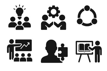 Business workshop vector icon collection. Team building, collaboration, teamwork, coaching, brainstorming, problem solving, education, presentation, growth glyph icons set.