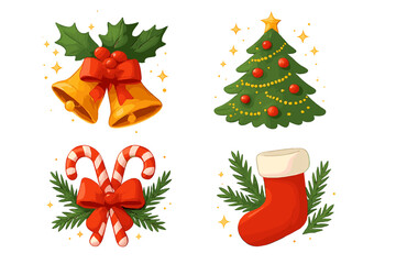 Christmas elements collection. Vector icon set with jingle bells, decorated tree, candy cane and stocking. Holiday clip art for greeting card, sticker, poster design.