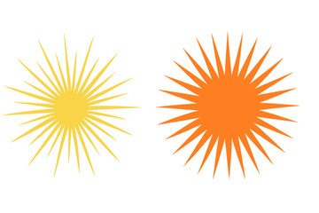 Starburst sunburst vector set. Yellow orange sun flare shape. Comic explosion burst element. Abstract geometric radial background. Sunshine ray icon. Isolated design illustration.