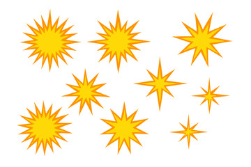 Vector starburst sunburst shapes set. Yellow orange comic explosion flash icons. Cartoon bang boom effect. Sales sticker, price tag, promotion or award label. Star icon.