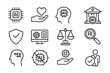 AI ethics line icon set. Artificial intelligence concepts like responsible and ethical AI, governance, transparency, fairness, bias, accountability, security, and trust. Editable stroke.