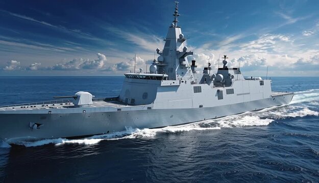 Modern naval frigate warship sailing on blue ocean waters, gray military vessel with radar systems and weapons systems
