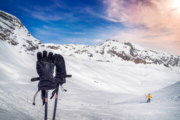 Skiing on the Zugspitze glacier with Zugspitze peak at Bavarian Alps in Germany