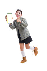 Technology Embrace: A youthful person enthusiastically presents a smart phone with a blank screen, inviting your attention. The image captures the excitement of new possibilities.