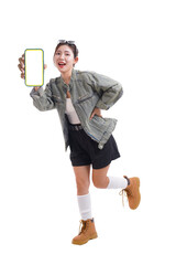 Mobile in the Hand: A woman joyfully presents a blank screen of a mobile, highlighting the potential of technology, and the bright possibilities for connection and communication.