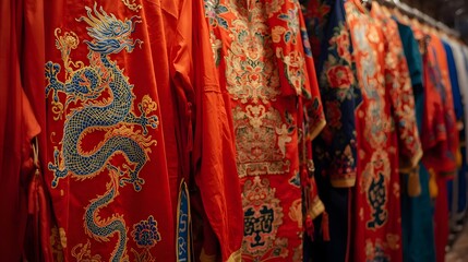 A vivid display of traditional garments adorned with intricate designs and vibrant, rich colors. A culture show.