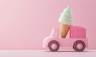 A pastel pink toy truck carries an oversized ice cream cone with mint and pink swirls, set against a soft pink background, symbolizing ice cream delivery or dessert concept