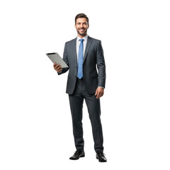 Smiling businessman holding documents isolated on transparent background