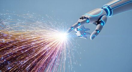 Digital generated image of robotic hand touching line and making new multicoloured impulse on black background. Digitization, automation and artificial intelligence concept.