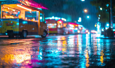 Bright food trucks line a wet street at night, their colorful lights reflecting on the rain-soaked pavement, creating a vibrant urban scene.