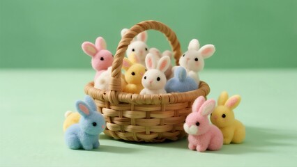 Tiny, colorful felt bunny dolls in pink, blue, white, and yellow are gathered together cutely inside a small woven basket.