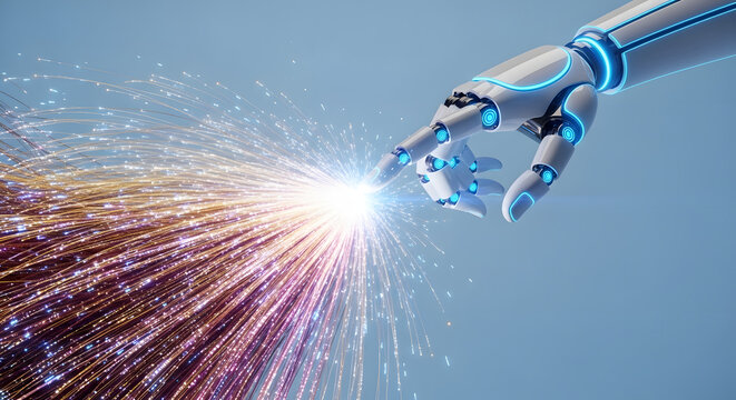 Digital generated image of robotic hand touching line and making new multicoloured impulse on black background. Digitization, automation and artificial intelligence concept.