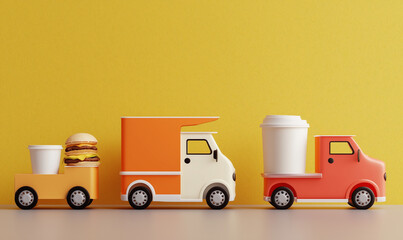 Three colorful toy trucks carry oversized coffee cups and a burger against a bright yellow background, symbolizing food delivery and takeaway services