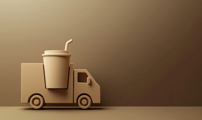 A monochromatic brown toy truck carries an oversized drink cup with a straw, set against a smooth brown background, symbolizing beverage delivery or takeaway concept