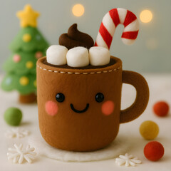 Cute Felt Christmas Hot Chocolate Mug Plush with Marshmallows and Candy Cane
