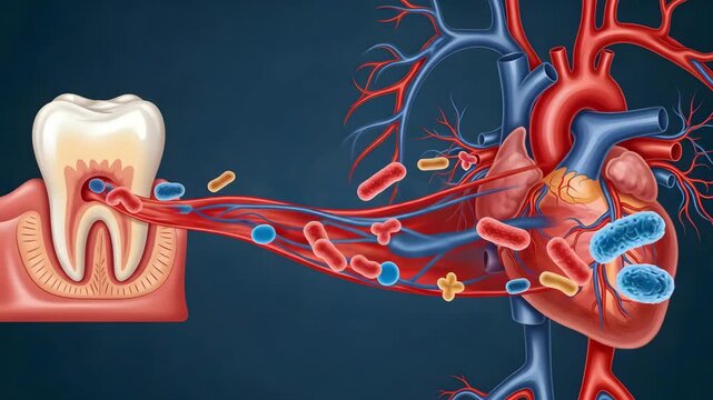 Bacteria from tooth infection spreading to heart through bloodstream illustration