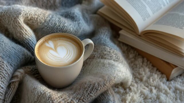 Cozy overhead shot of an open book on a blanket, surrounded by novels and a latte, perfect for inviting reading moments.