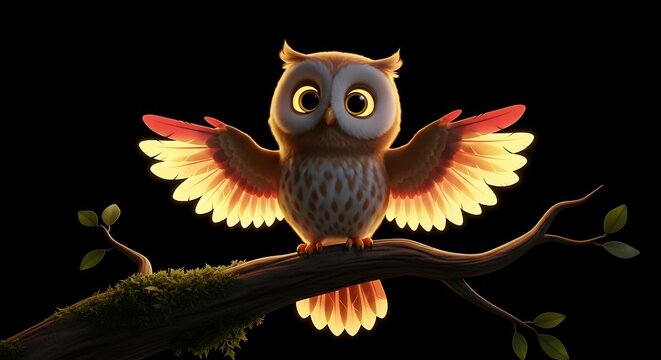 Illustration owl cartoon cute animal bird branch animation fantasy light darkness glowing wings nature art 3d 3d cartoon