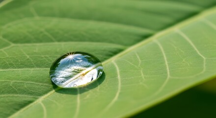 A single water droplet clings to the surface of a vibrant green leaf