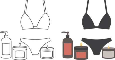 Hand drawn illustration of lingerie and spa products in sketch and color