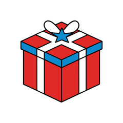 Festive red gift box wrapped with blue ribbon and white bow icon vector illustration