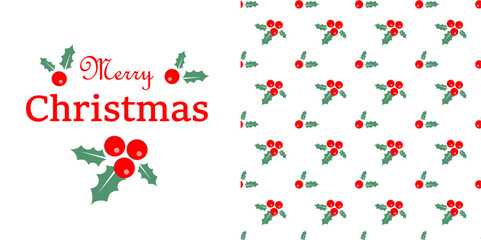 Seamless patern with holly on a white background. Christmas Greeting Card