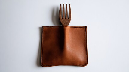 Creative display of wooden fork nestled in brown leather pouch on minimalist background