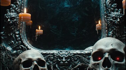 Mystical Gothic Mirror with Skulls, Red Eyes & Floating Candles in Dark Fantasy Setting - Powered by Adobe