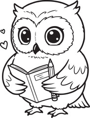 Cute Cartoon Owl Reading a Book with a Pencil
