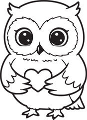 Cute Cartoon Owl Holding Heart Line Art Illustration