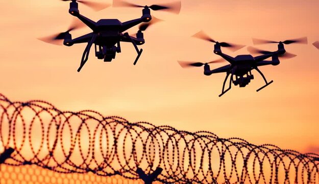 Three military surveillance drones flying above multiple rows of barbed wire fence, drone silhouettes against dramatic sky, security and border control concept