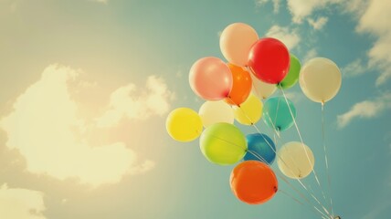 A vibrant bunch of colorful balloons floats against a bright blue sky, radiating a cheerful and uplifting atmosphere.