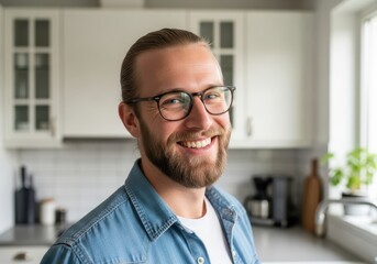 Happy man with glasses smiling in a bright kitchen wearing a denim shirt enjoying a casual moment
