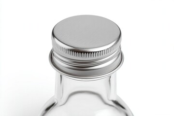 Clear glass bottle with silver metal cap against white backdrop