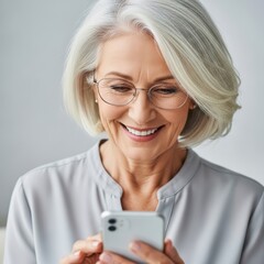 Joyful senior woman smiling while using her smartphone indoors on a bright day